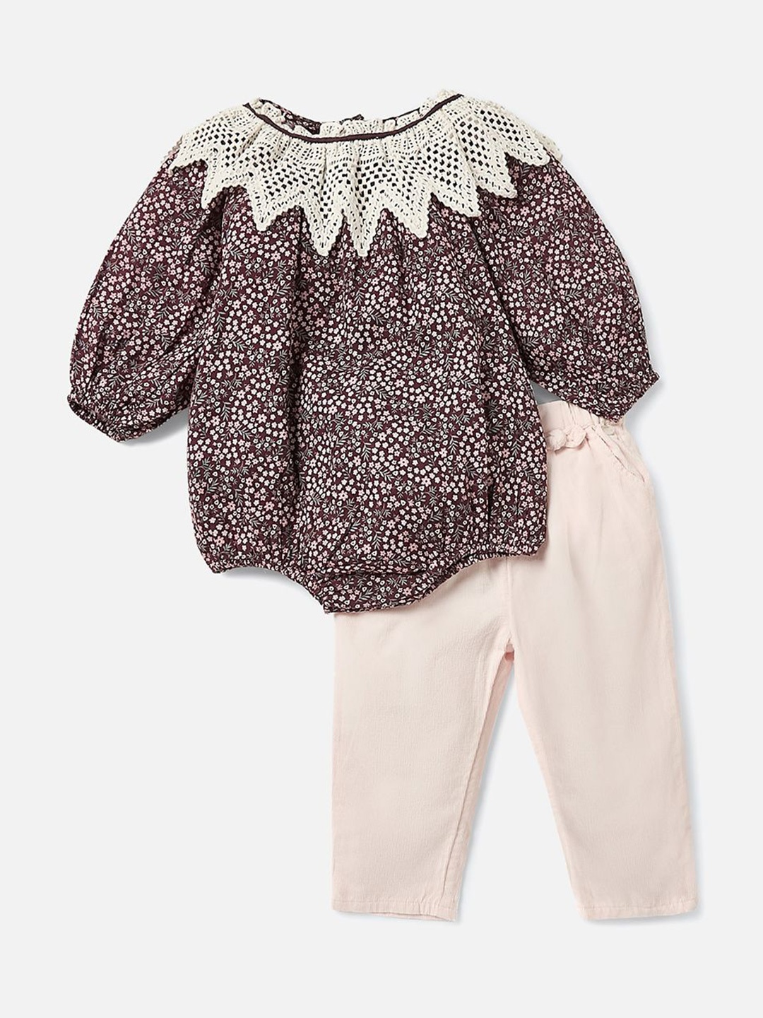 

Giggles by Babyshop Girls Printed Pure Cotton Top With Trousers, Brown