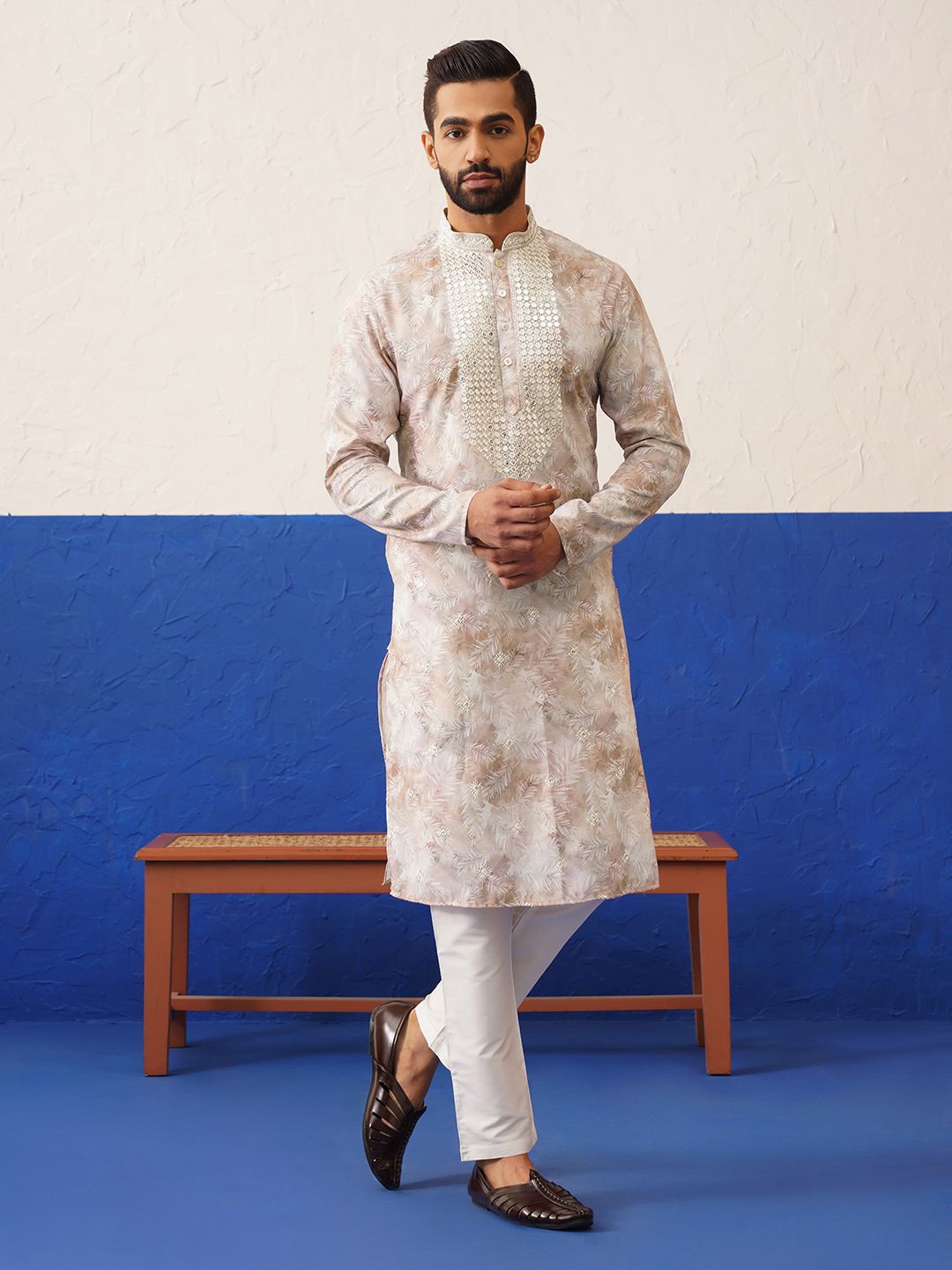 

TheEthnic.Co Floral Printed Mirror Work Mandarin Collar Cotton Silk Straight Kurta, Cream