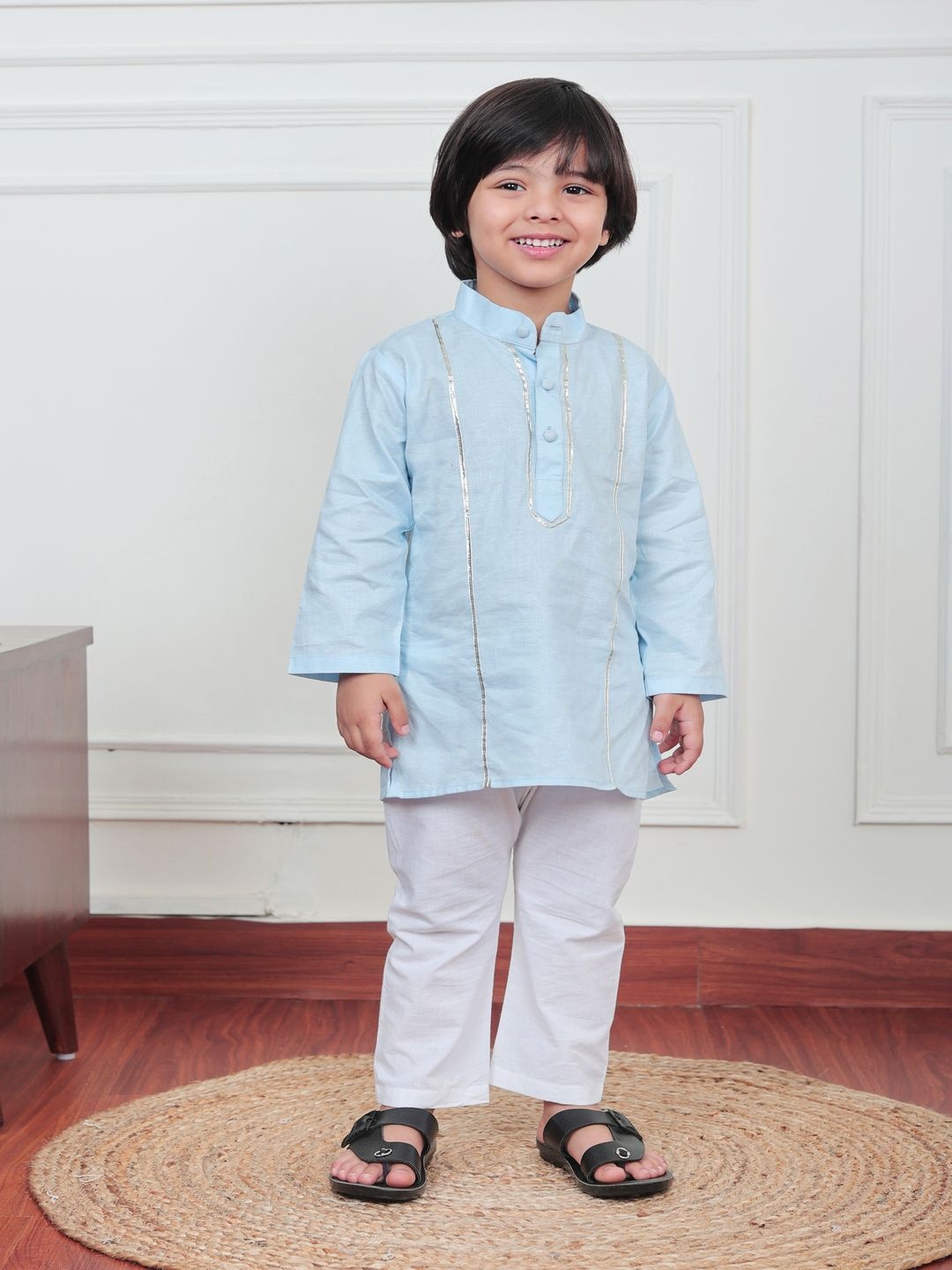 

Polka Tots Boys Mandarin Collar Gotta Patti Pure Cotton Straight Kurta With Pyjamas, Blue