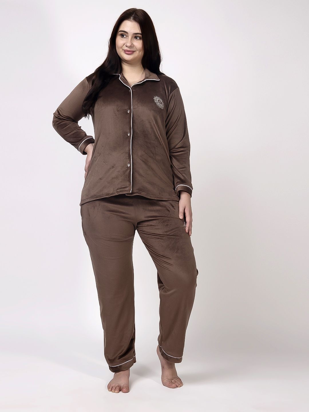 

CHUI MUI Women Lapel Collar Velvet Sets Night suit, Brown