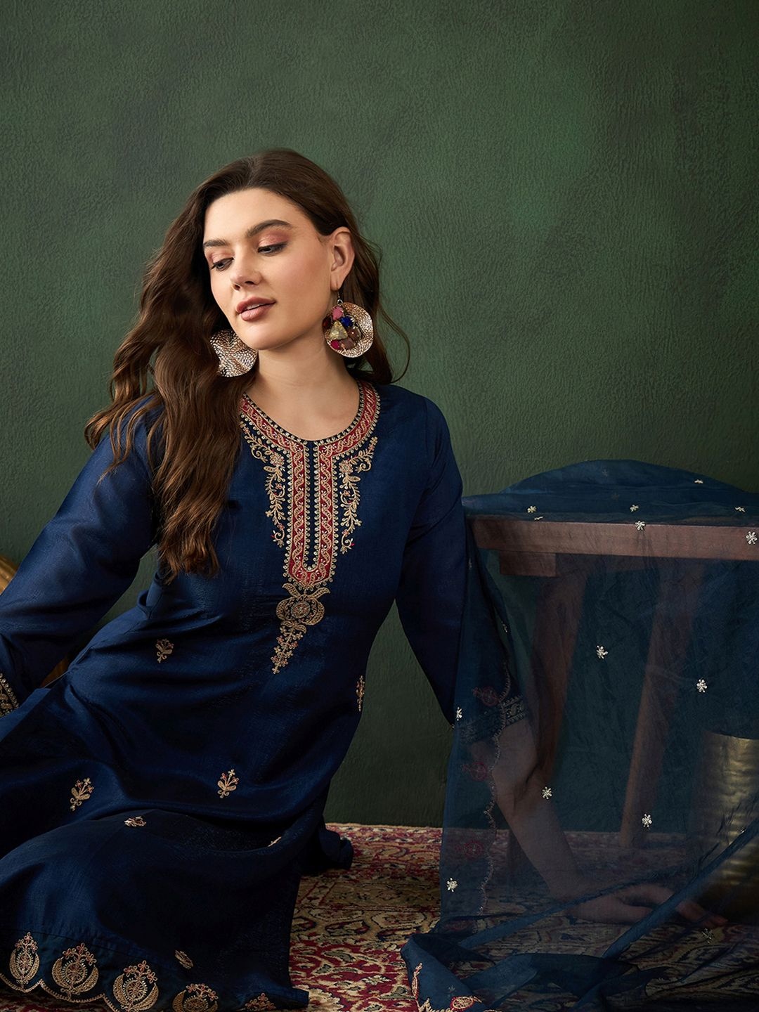 

Sangria Navy Blue Floral Embroidered Sequinned Work Straight Kurta With Trousers & Dupatta