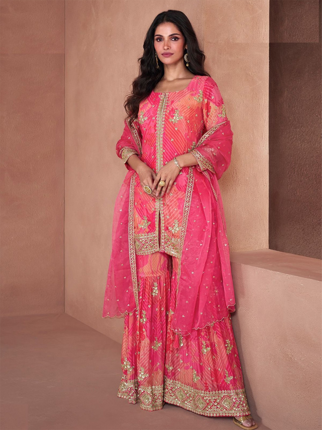 

ODETTE Women Floral Embellished Sequinned Georgette Kurta With Sharara & Dupatta, Pink