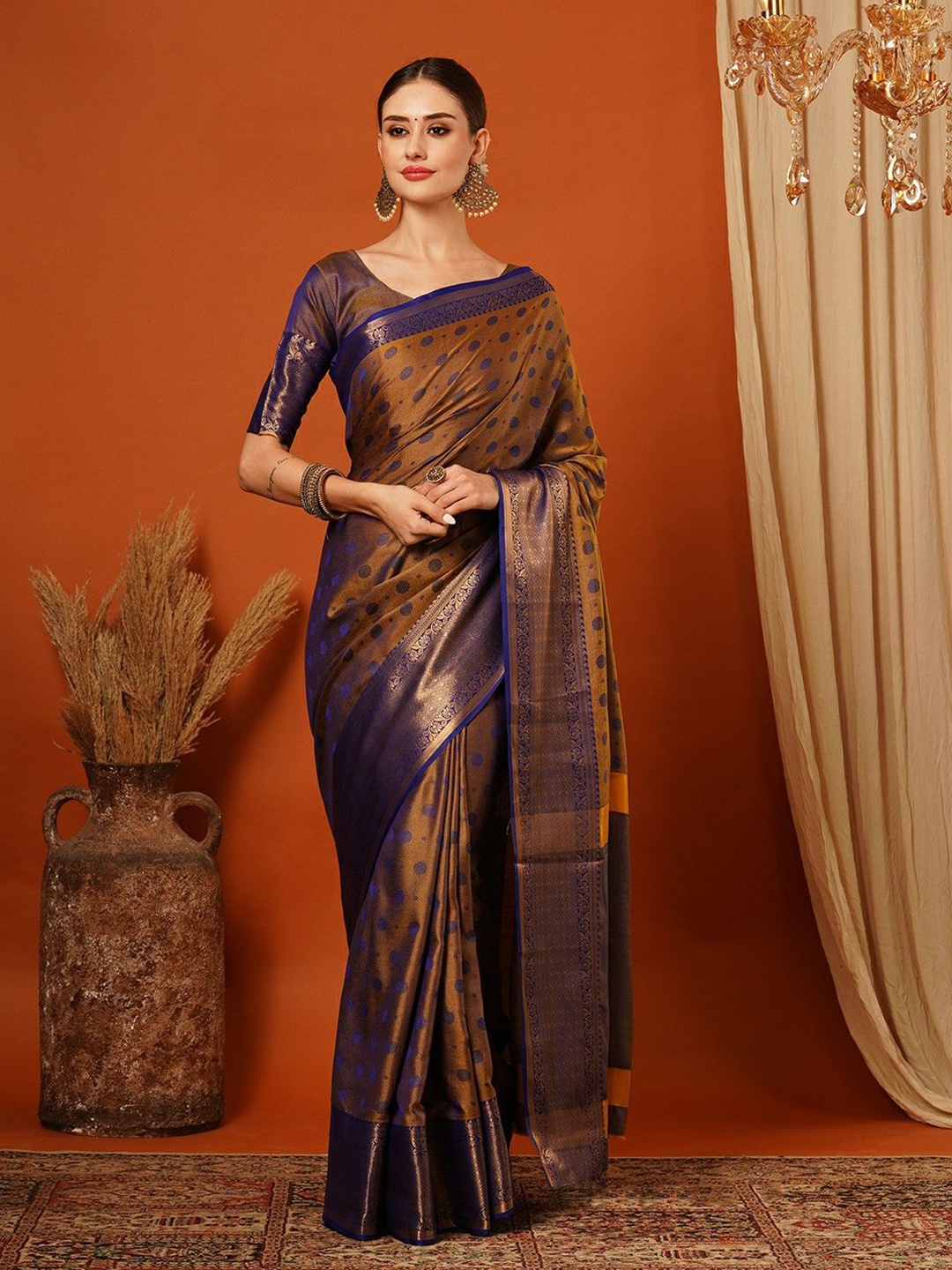 

WINKLECART Woven Design Zari Pure Silk Banarasi Saree, Brown
