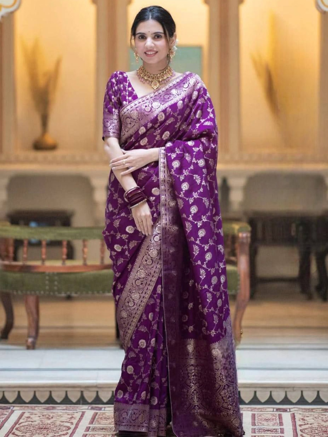 

Upalksh Woven Design Zari Silk Cotton Kanjeevaram Saree, Purple