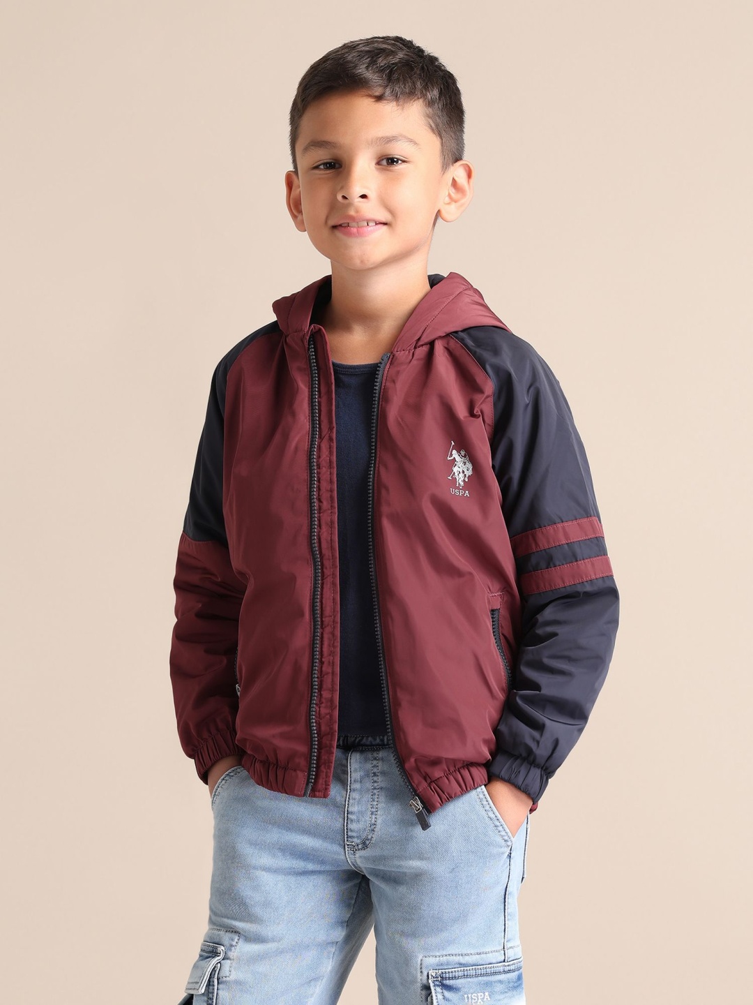

U.S. Polo Assn. Kids Boys Hooded Colourblocked Casual Bomber Jacket, Red