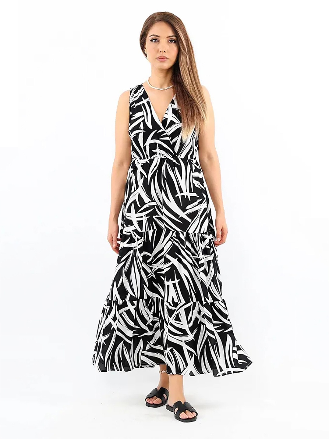 

PIMU Print Fit & Flare Maxi Dress, Black