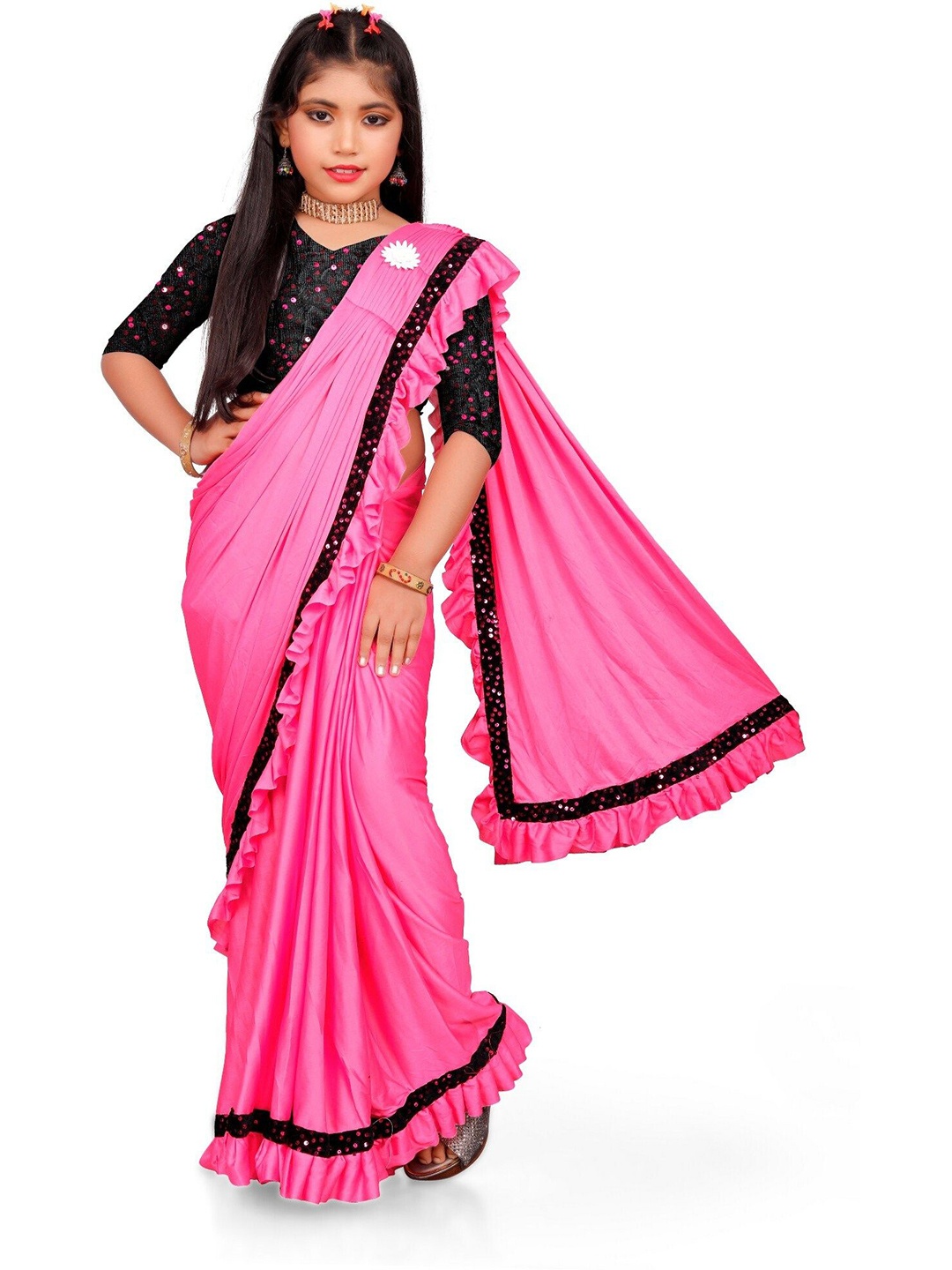 

Aika Girls Sequinned Organza Saree, Pink