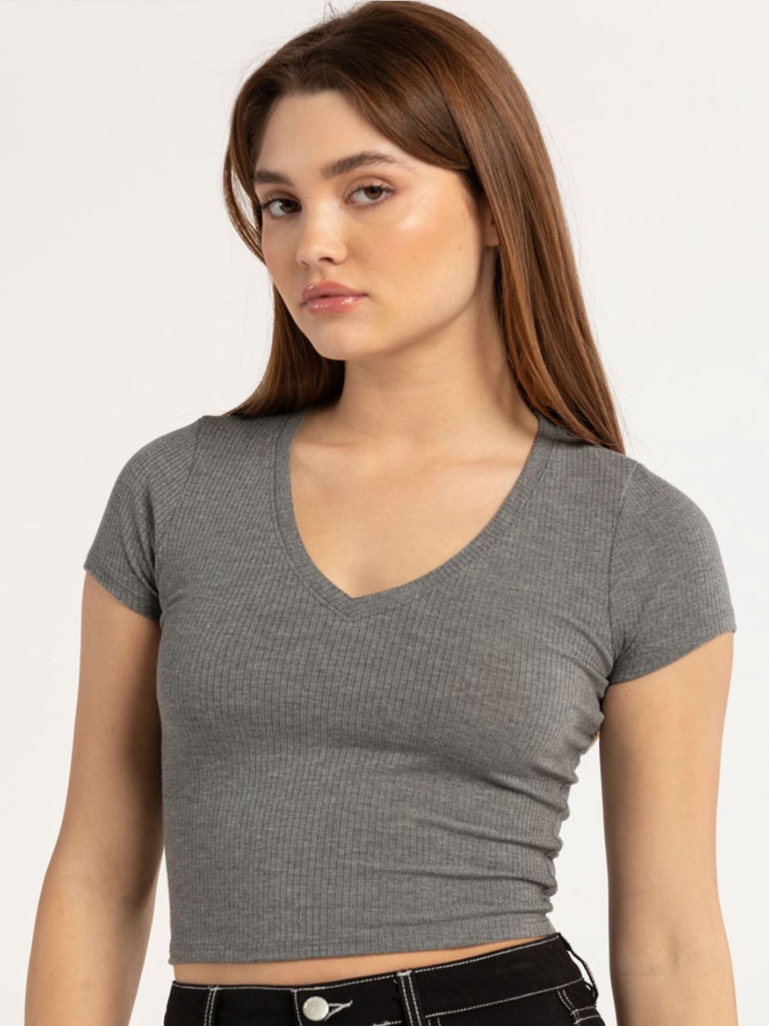 

sollobell Women V-Neck Cotton Fitted Crop Top, Grey