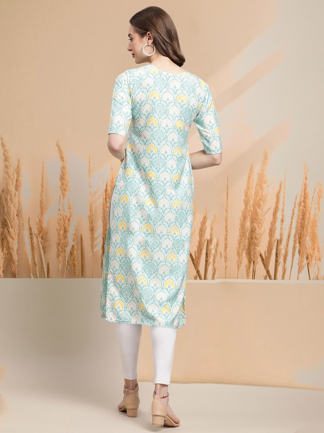 

7Threads Selection Of 5 Ethnic Motifs Printed Round Neck Straight Kurtas, Sea green