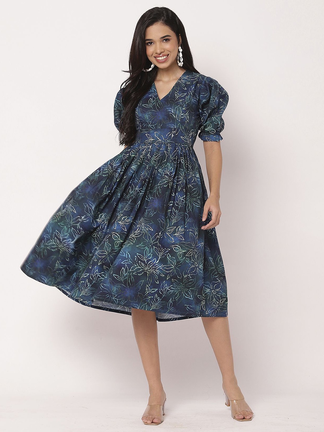 

Moomaya Women Floral Printed Puff Sleeve Fit and Flare Dress, Teal