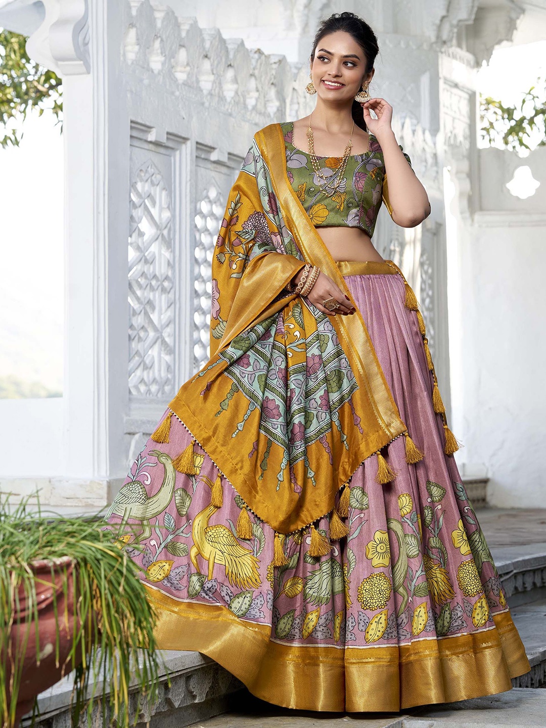 

LOOKNBOOK ART Printed Ready to Wear Lehenga & Unstitched Blouse With Dupatta, Rose