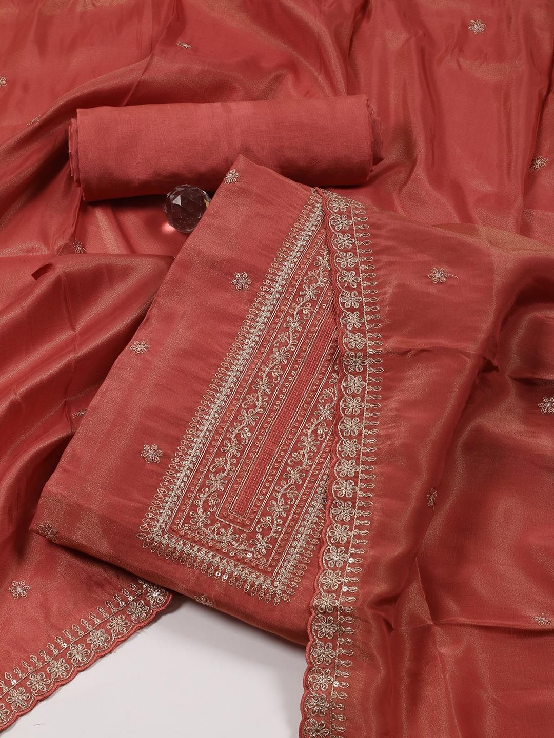 

Meena Bazaar Embroidered Unstitched Dress Material, Rust
