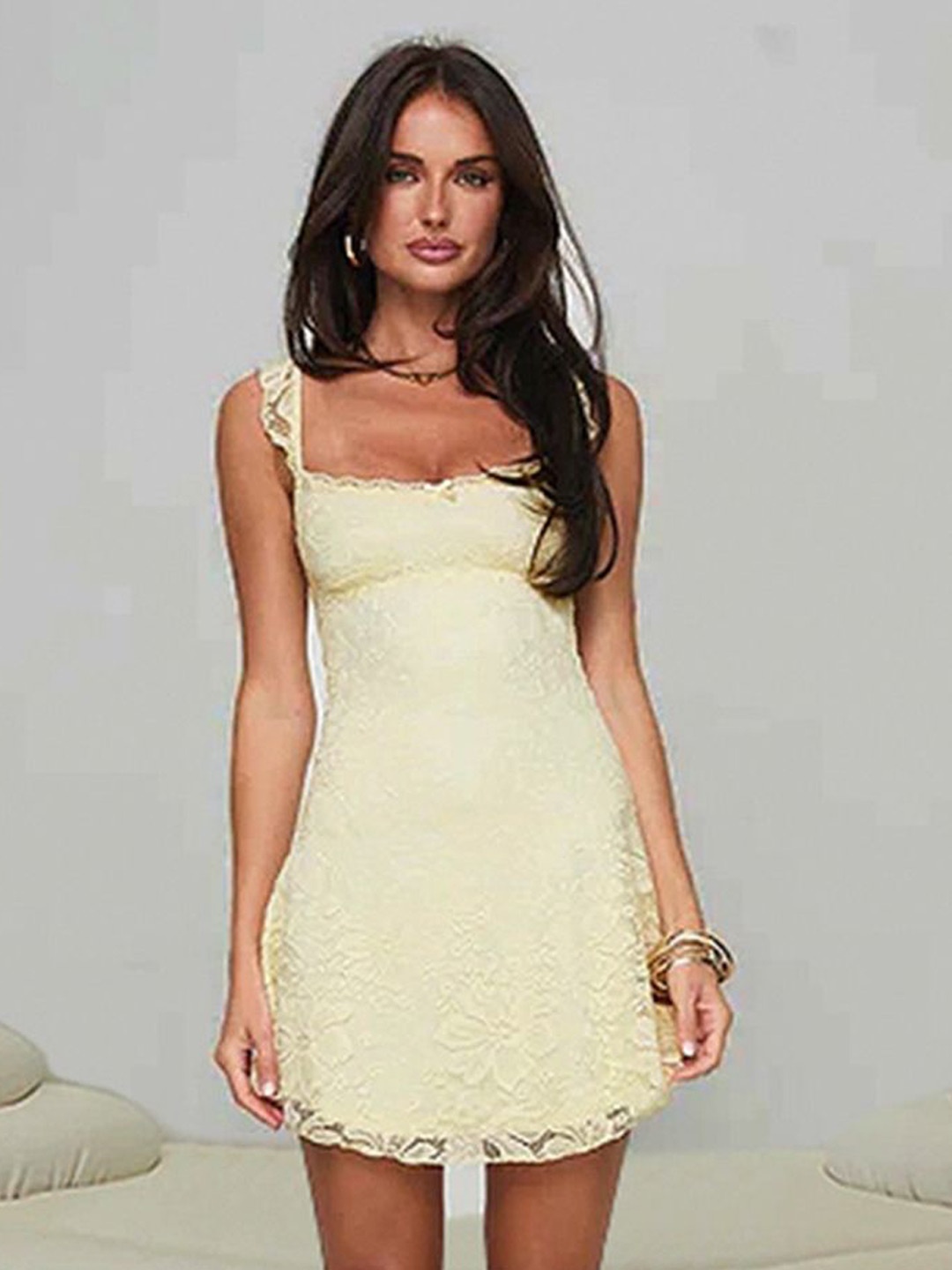 

LULU & SKY Shoulder Straps Sheath Lace Mini Dress, Yellow