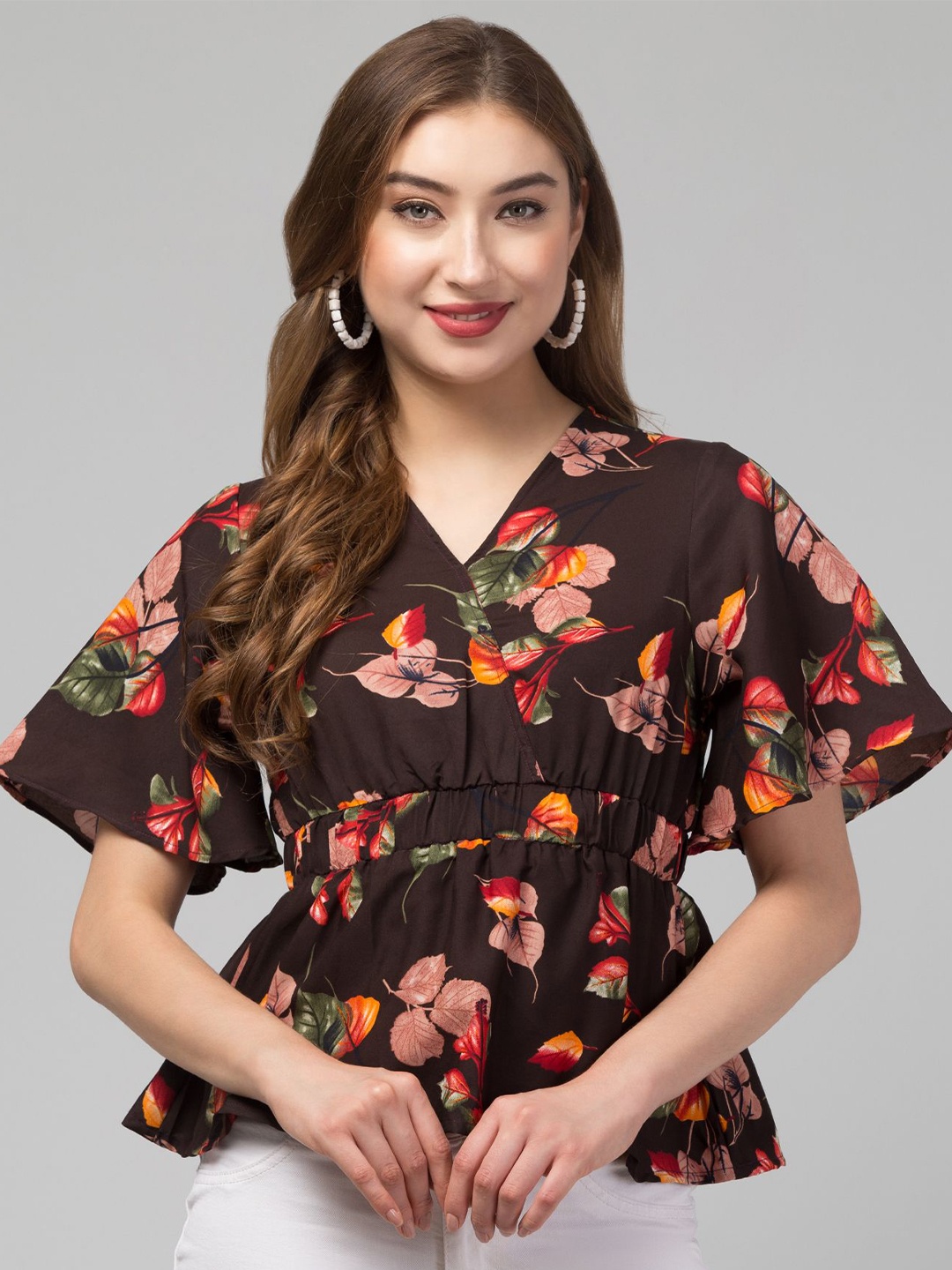 

CULPI Women Floral Printed Flared Sleeve Cinched Waist Top, Brown