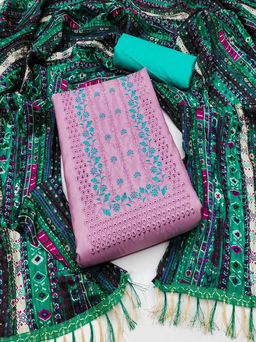

A TO Z CART Floral Embroidered Pure Silk Unstitched Dress Material, Pink