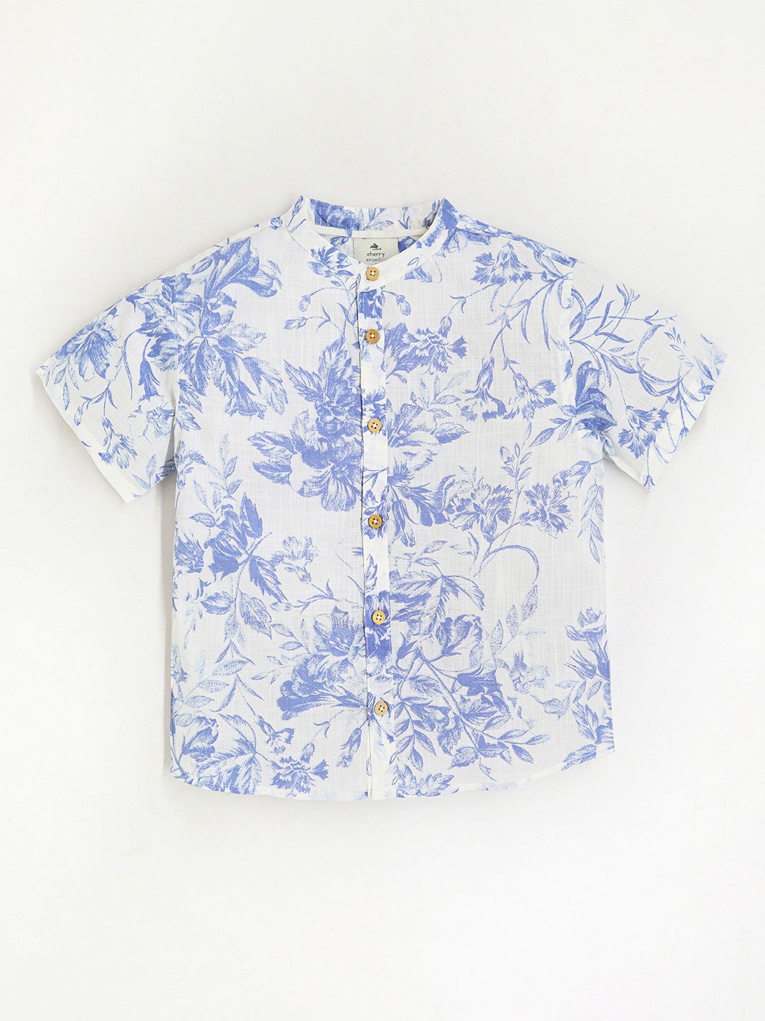 

Cherry Crumble Boys Band Collar Floral Printed Cotton Casual Shirt, White