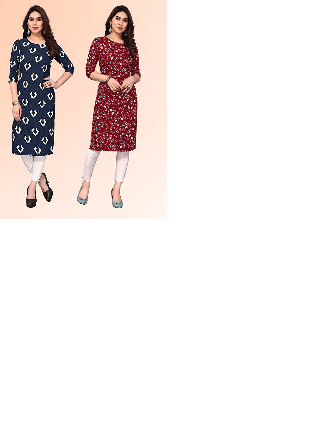 

KETAKI FASHION Selection Of 2 Floral Printed Round Neck Straight Kurtas, Maroon