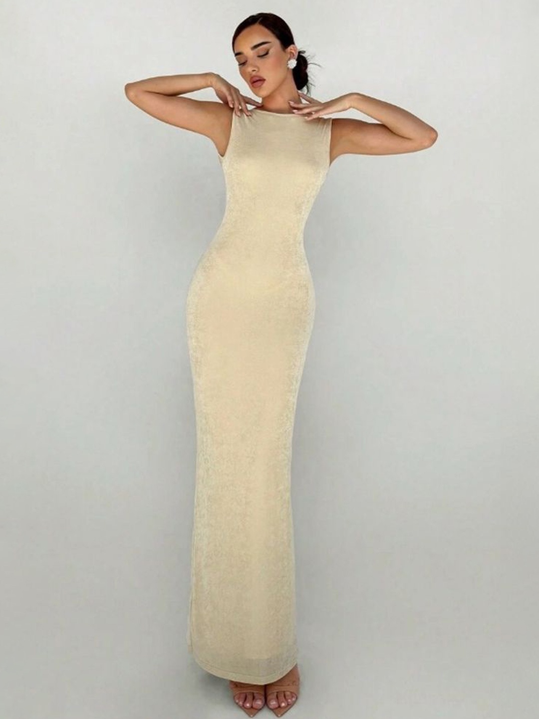 

LULU & SKY Backless High Back Slit Maxi Dress, Beige