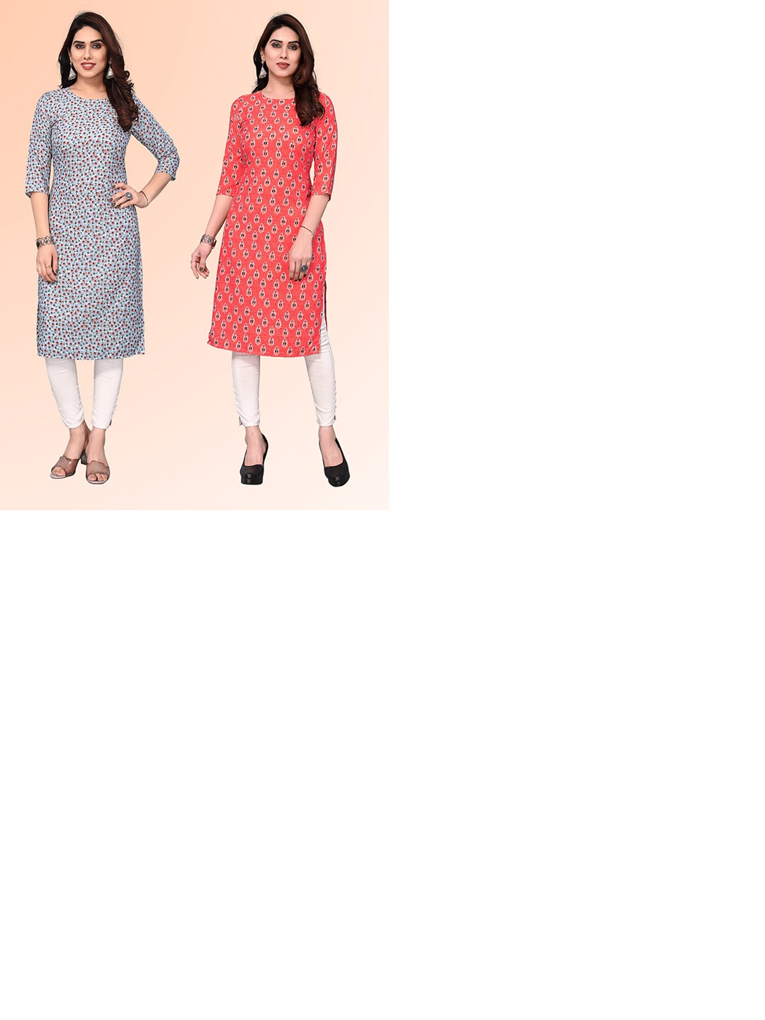

KETAKI FASHION Selection Of 2 Floral Printed Round Neck Straight Kurtas, Grey