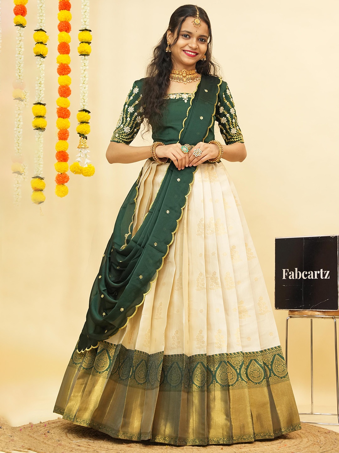 

Fabcartz Semi-Stitched Lehenga & Unstitched Blouse With Dupatta, Cream