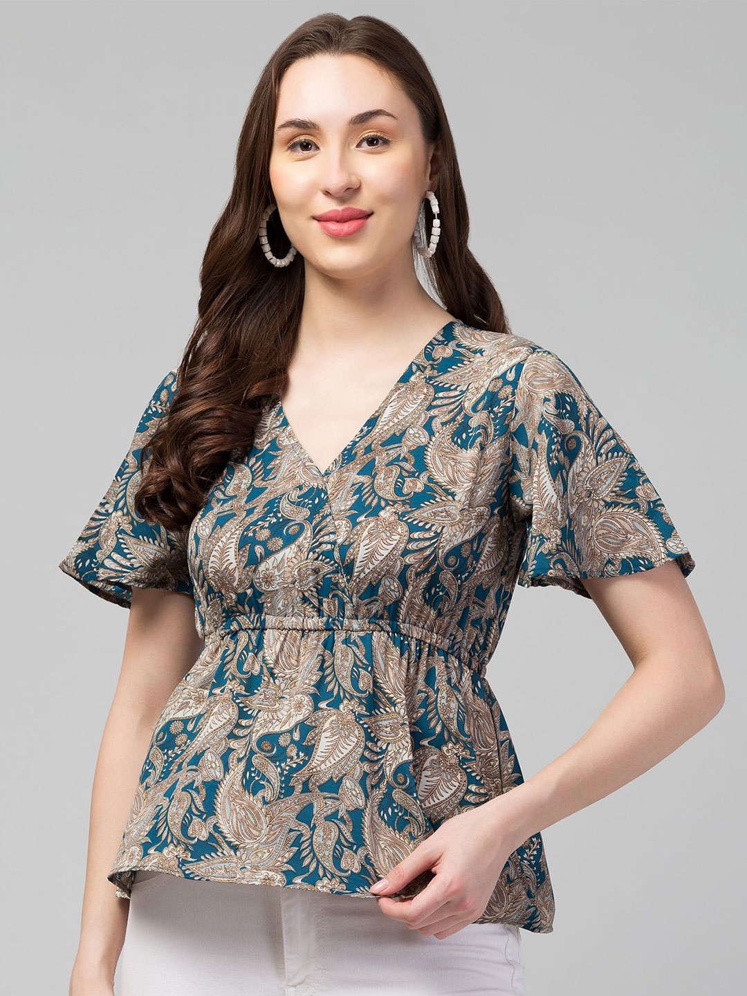 

CULPI Women Ethnic Motif Printed Flared Sleeve Cinched Waist Top, Teal