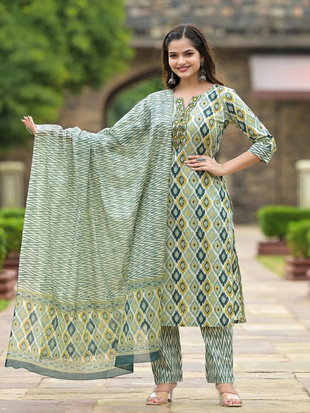 

Moda Rapido Ethnic Motifs Printed Notch Neck Straight Kurta with Trousers And Dupatta, Green