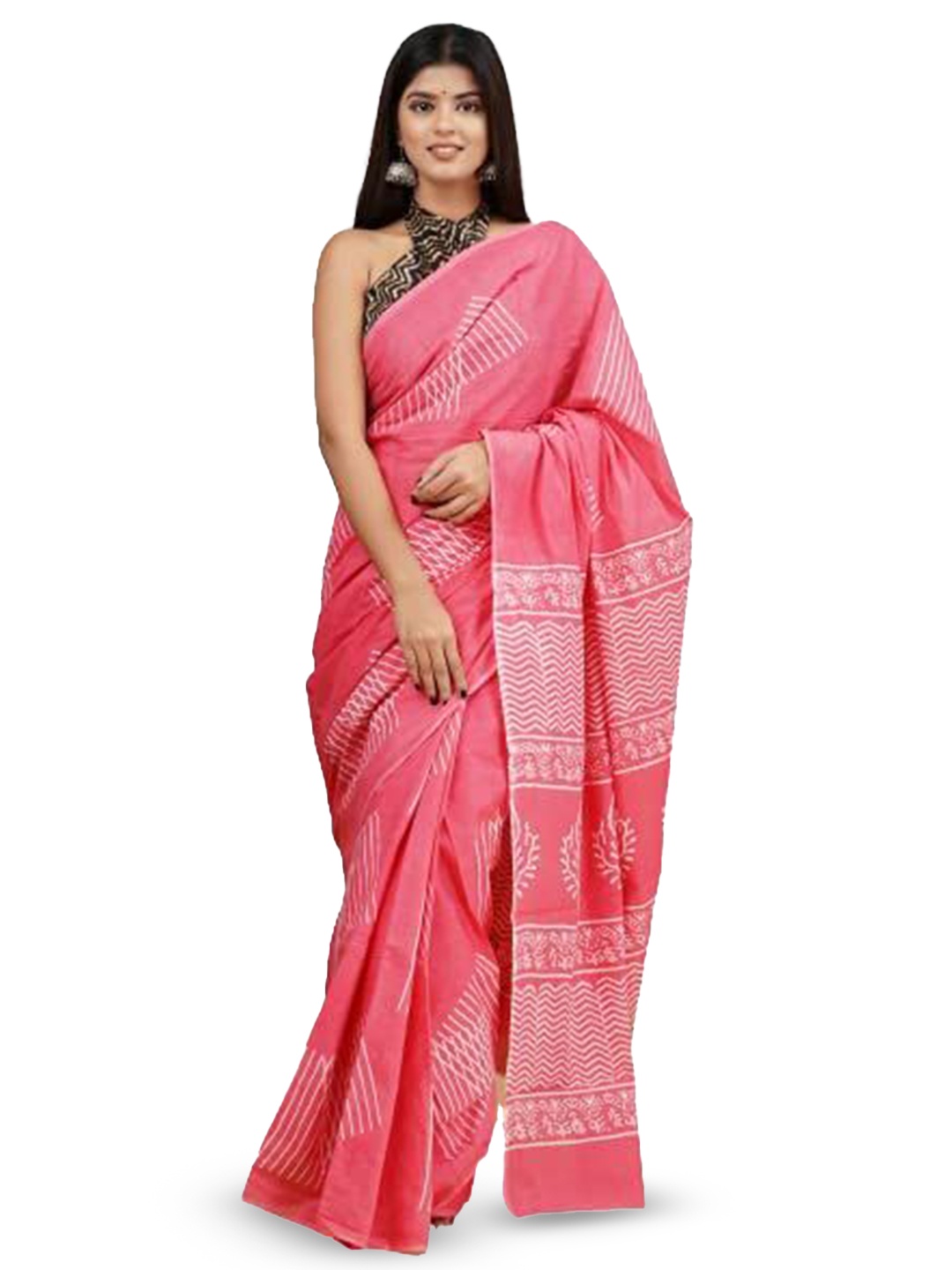 

Craft Musium Floral Pure Cotton Bagru Saree, Pink