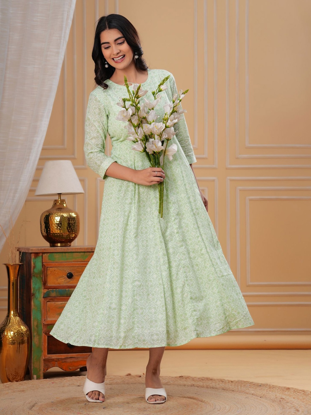 

EtnicaWear Women Cotton Printed Fit And Flare Ethnic Dresses, Sea green