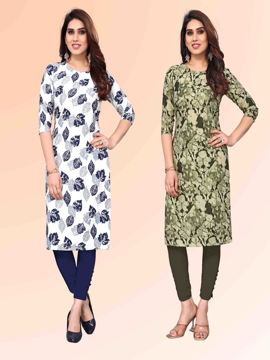 

KETAKI FASHION Selection Of 2 Floral Printed Round Neck Straight Kurtas, White