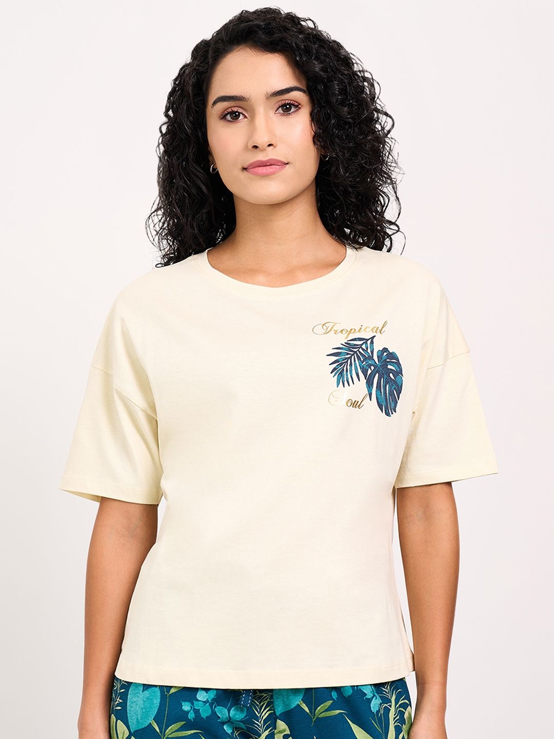 

Dreamz by Pantaloons Women Printed Round Neck Lounge Tshirts, Cream