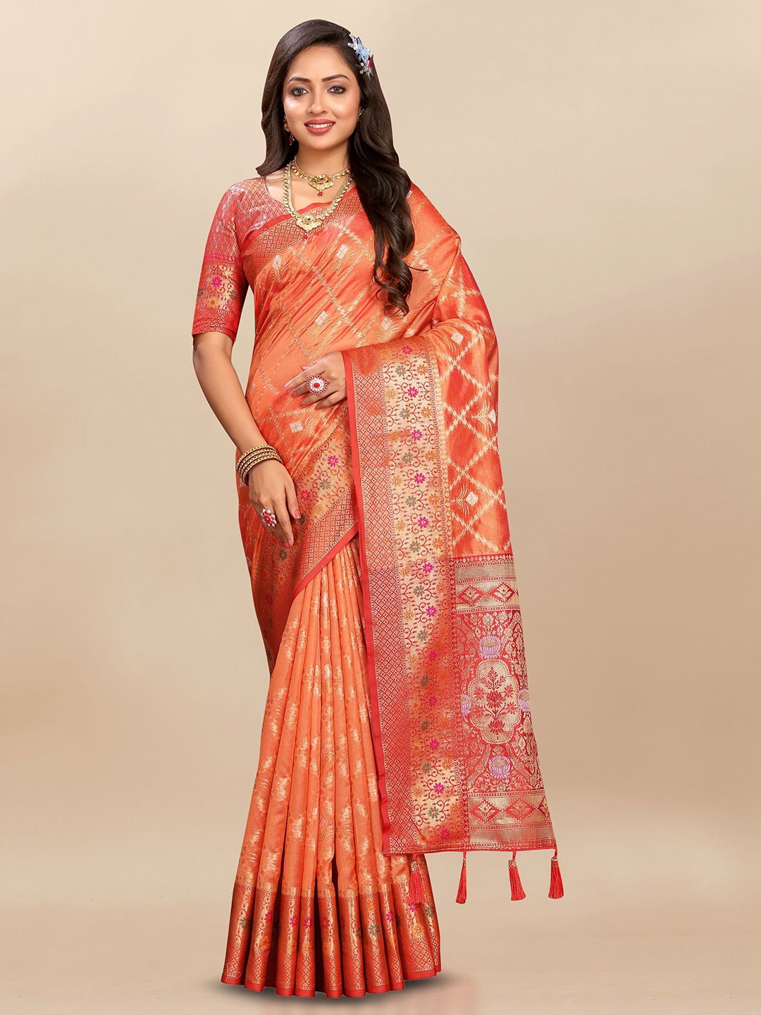 

Upalksh Ethnic Motifs Woven Design Zari Banarasi Saree, Orange