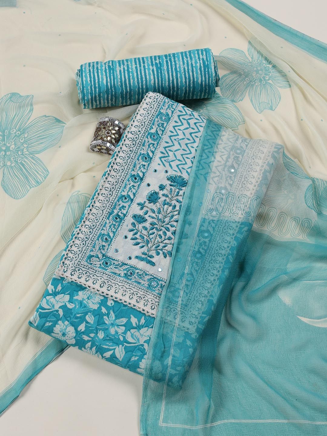 

Meena Bazaar Printed Unstitched Dress Material, Sea green