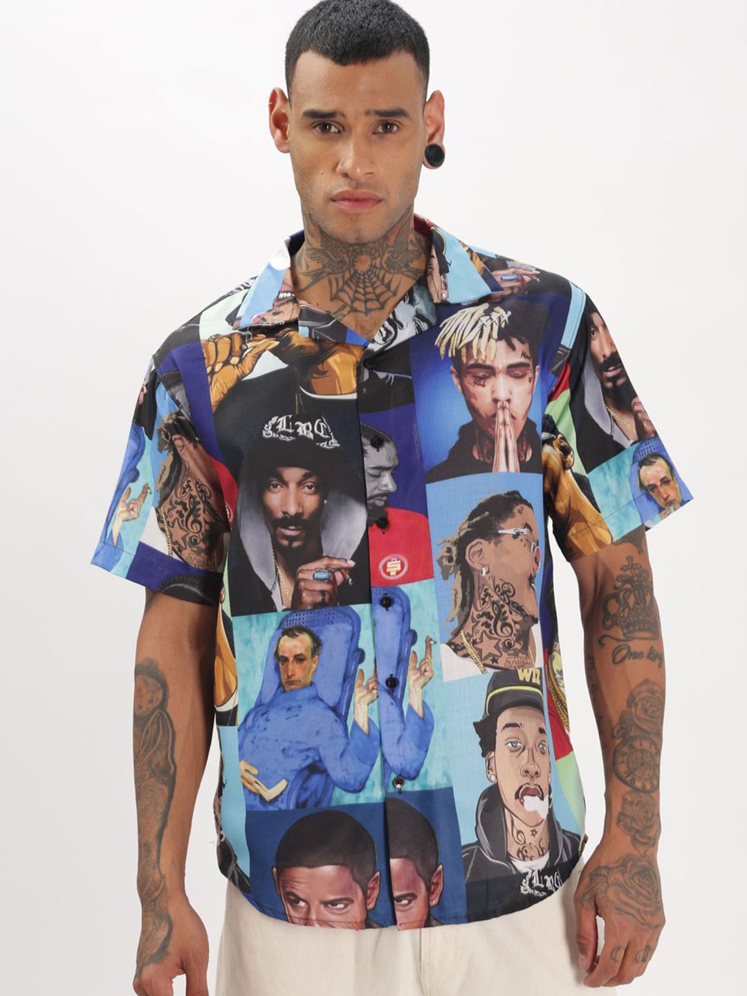 

BUMCHIQ Men Comfort Fit Graphic Printed Cuban Collar Casual Shirt, Blue