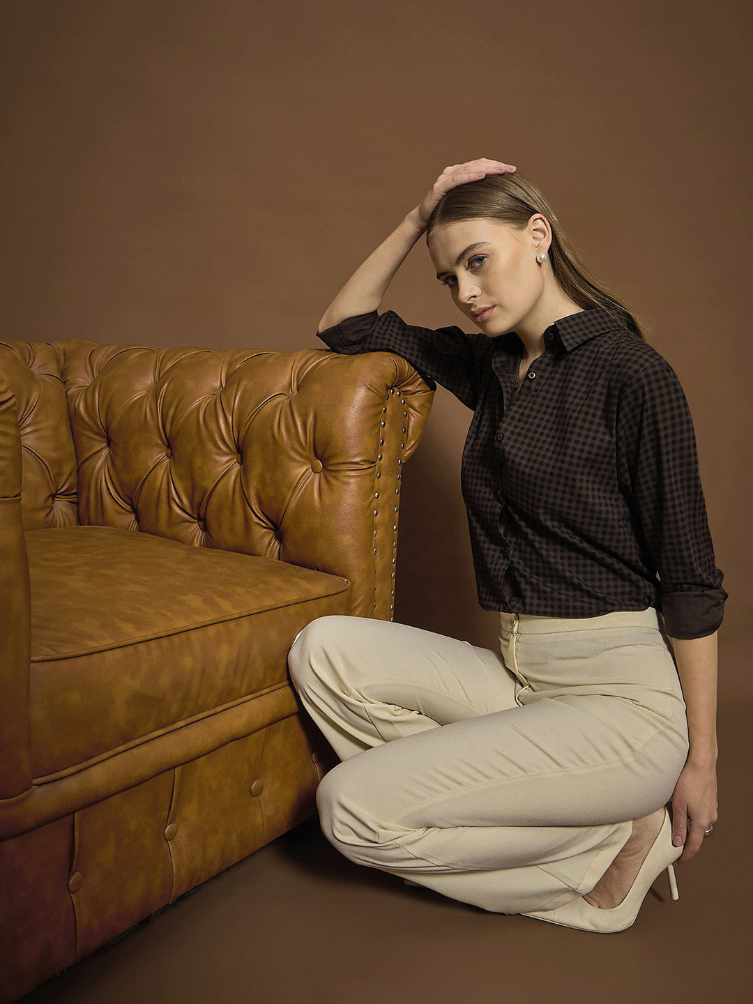 

The Roadster Lifestyle Co. Women Spread Collar Gingham Checked Cotton Casual Shirt, Coffee brown