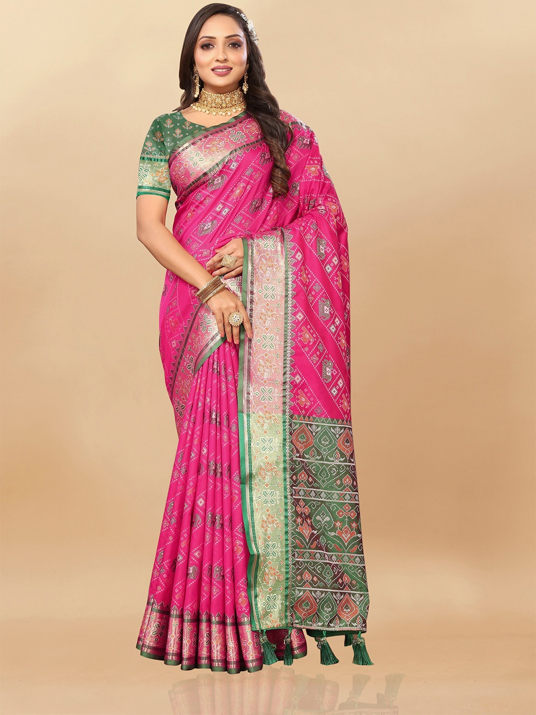 

Upalksh Ethnic Motifs Woven Design Zari Patola Saree, Pink