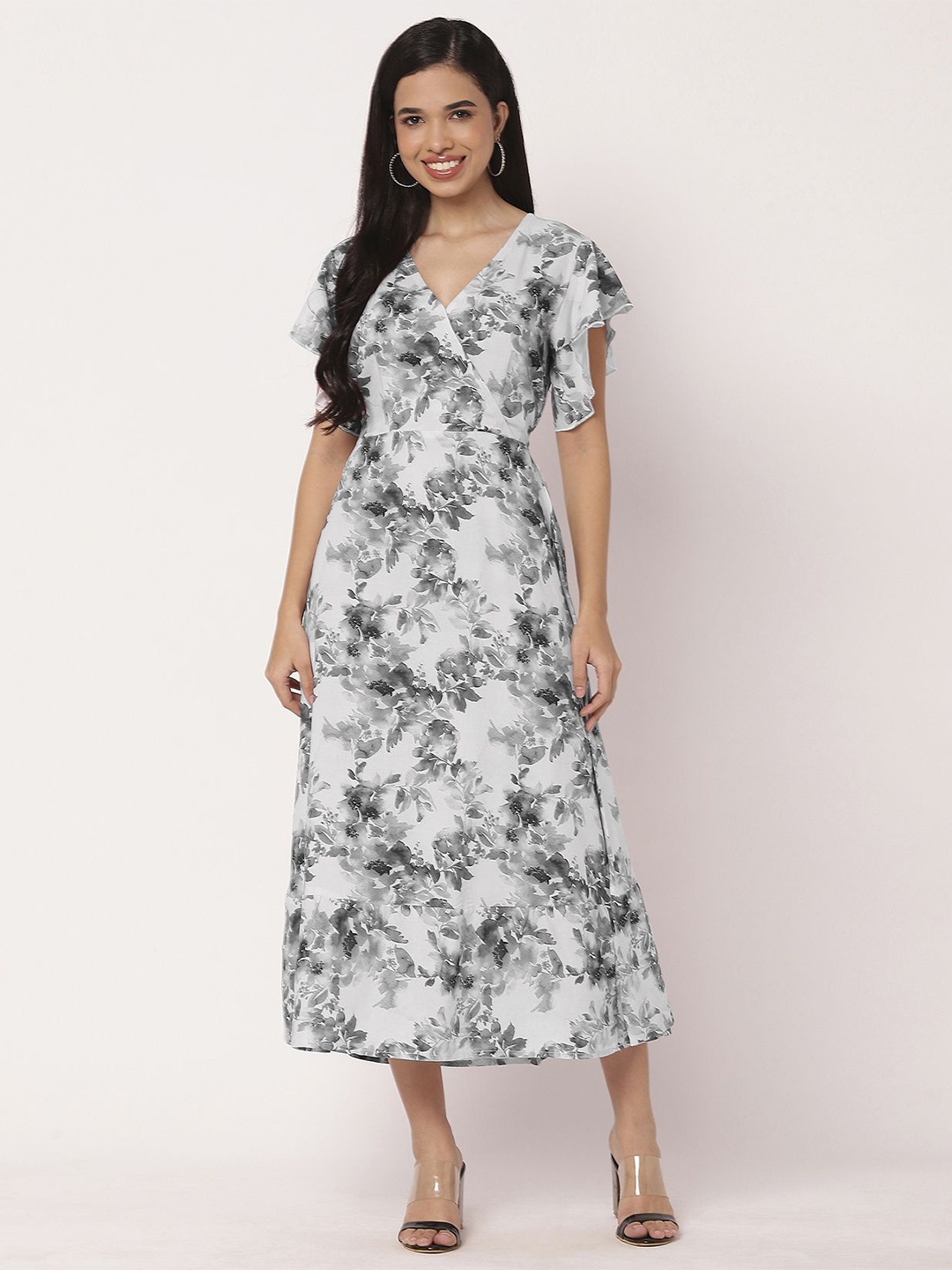 

Moomaya Printed Flared Sleeve Fit and Flare Midi Dress, White