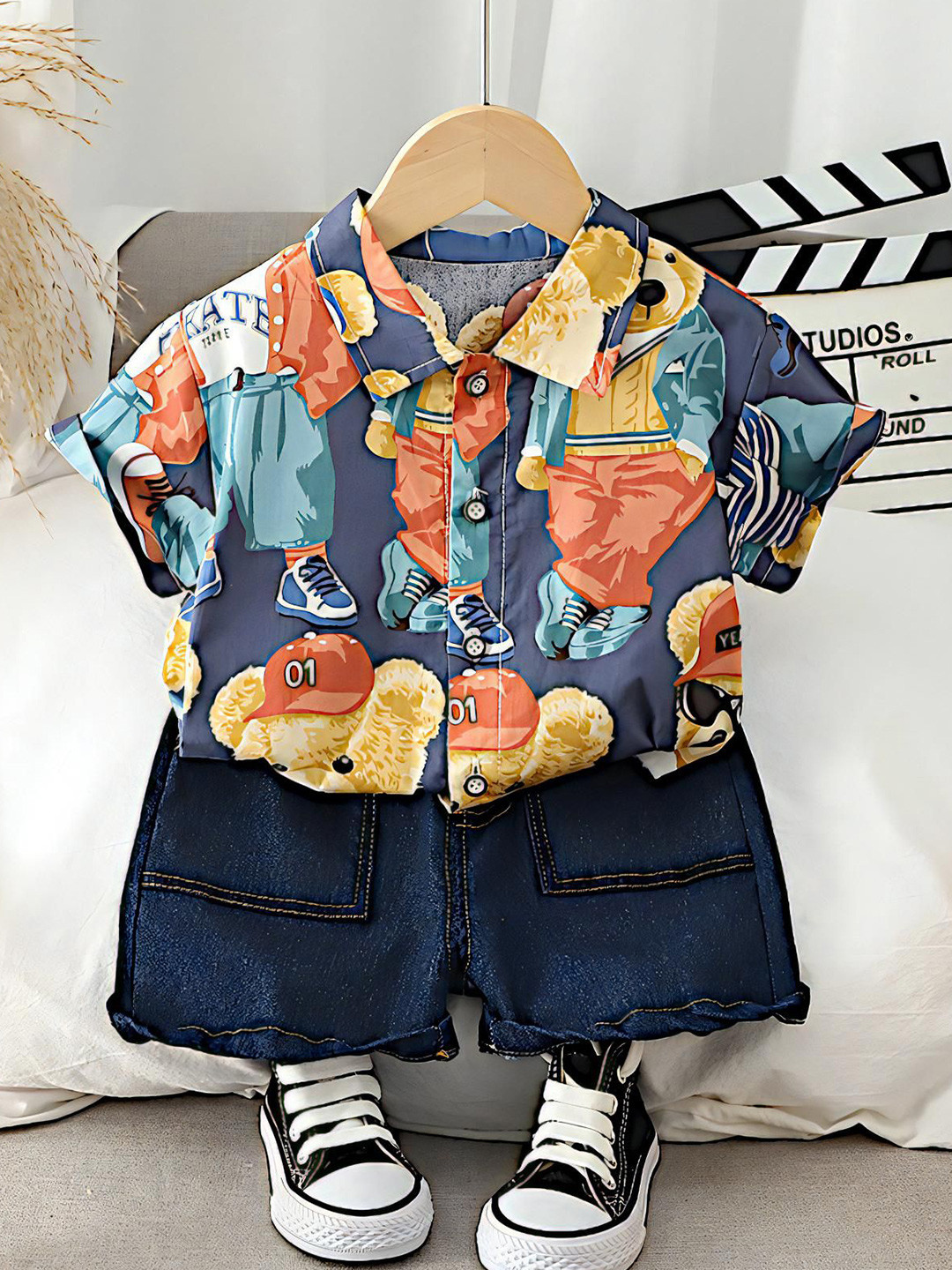 

BAESD Kids Teddy Bear Printed Pure Cotton Shirt With Shorts, Blue