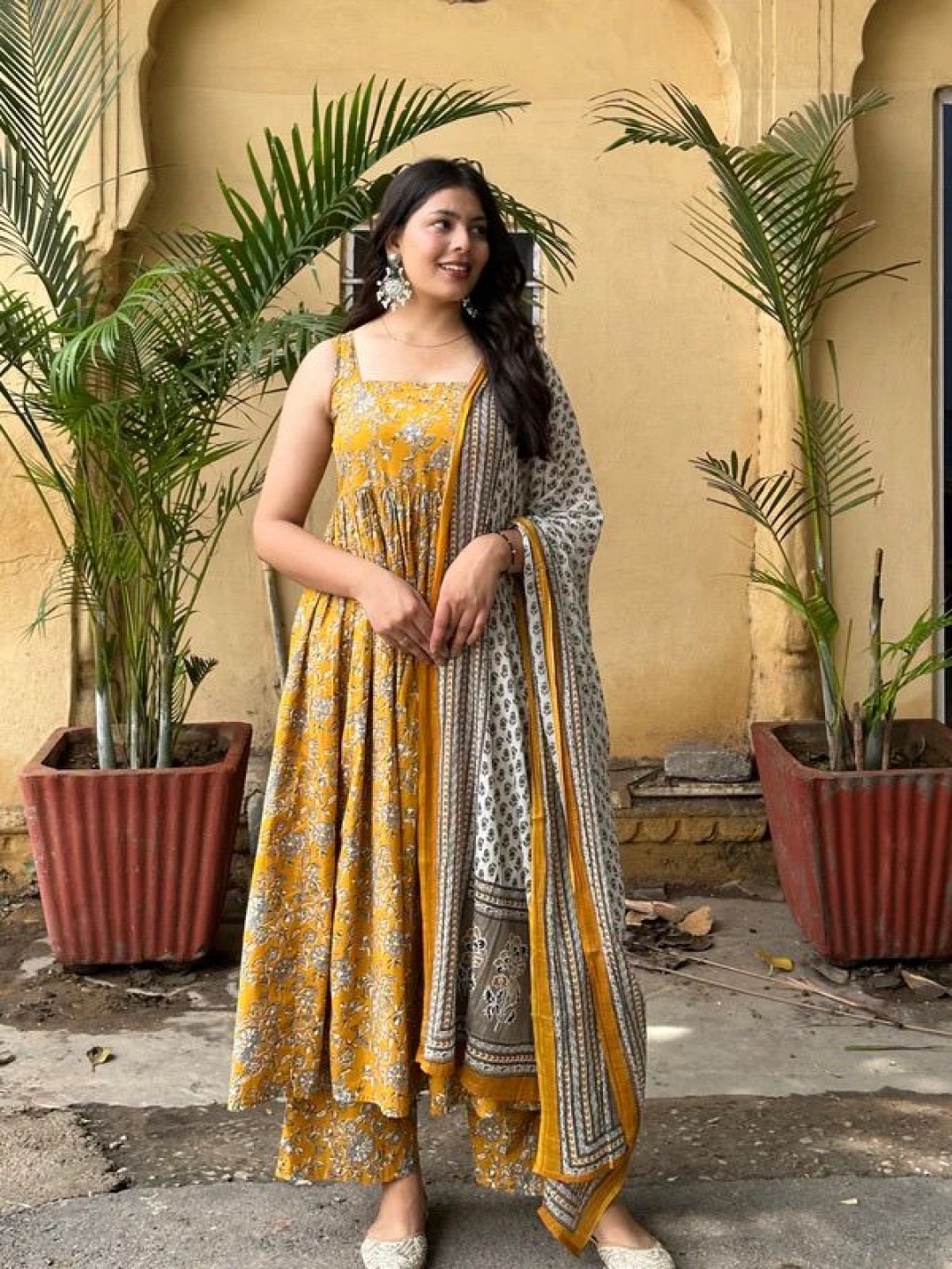 

JONAYA Floral Printed Square Neck Pure Cotton Anarkali Kurta With Palazzos And Dupatta, Mustard