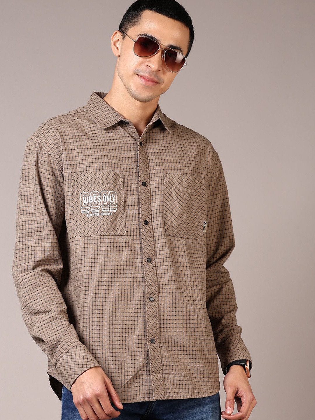 

V-Mart Men Spread Collar Micro Checked Cotton Casual Shirt, Brown