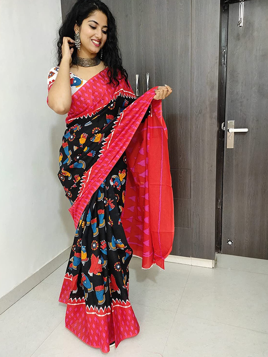 

Craft Musium Floral Pure Cotton Bagru Saree, Black