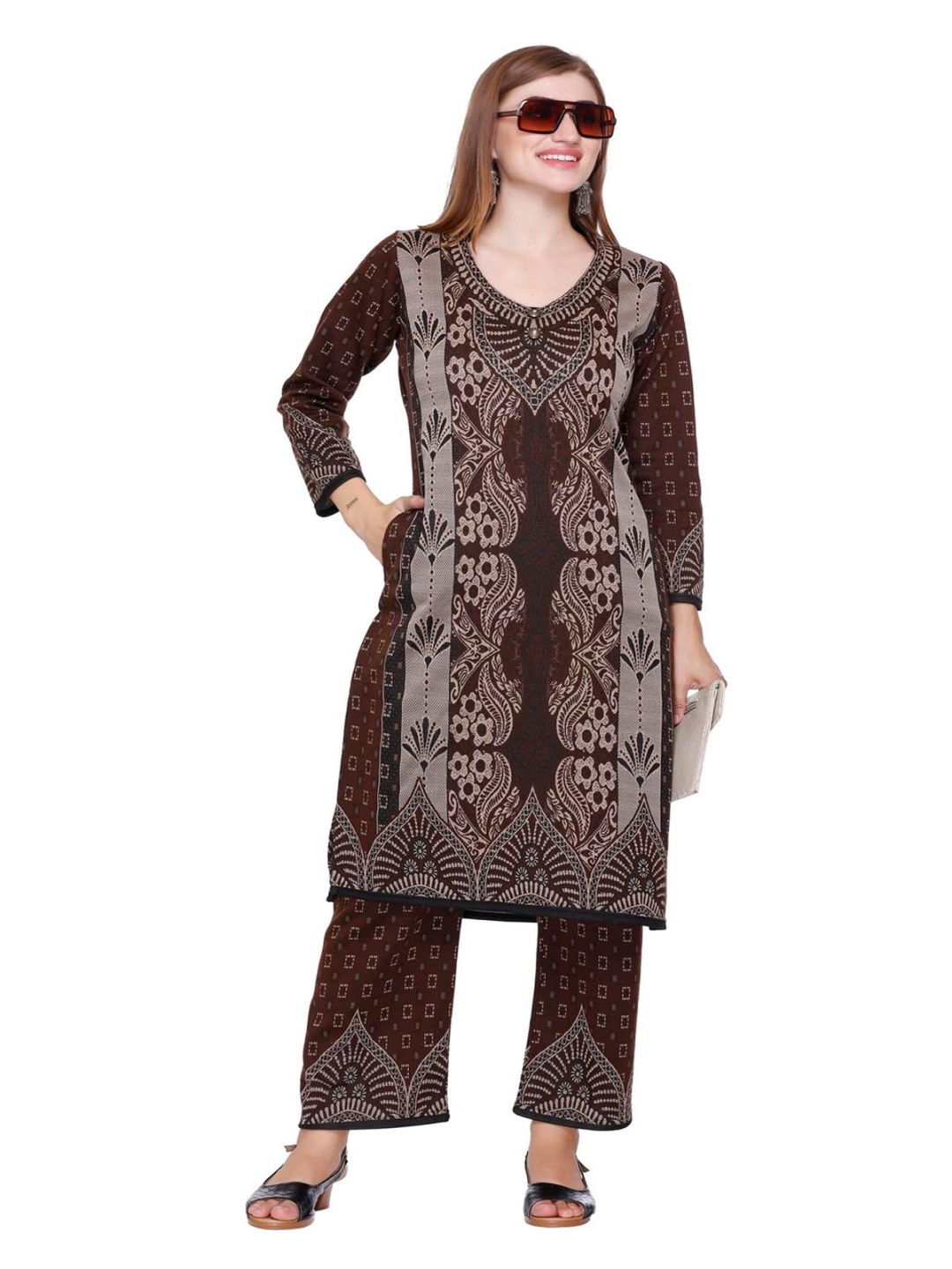 

ROSARY Floral Printed Mandarin Collar Jacquard Woollen Straight Kurta With Palazzos, Brown