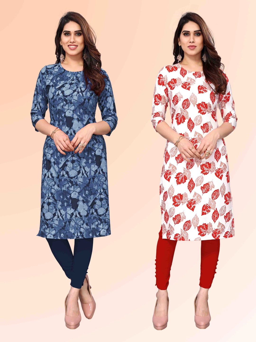 

KETAKI FASHION Selection of 2 Abstract Printed Round Neck Straight Kurtas, Navy blue