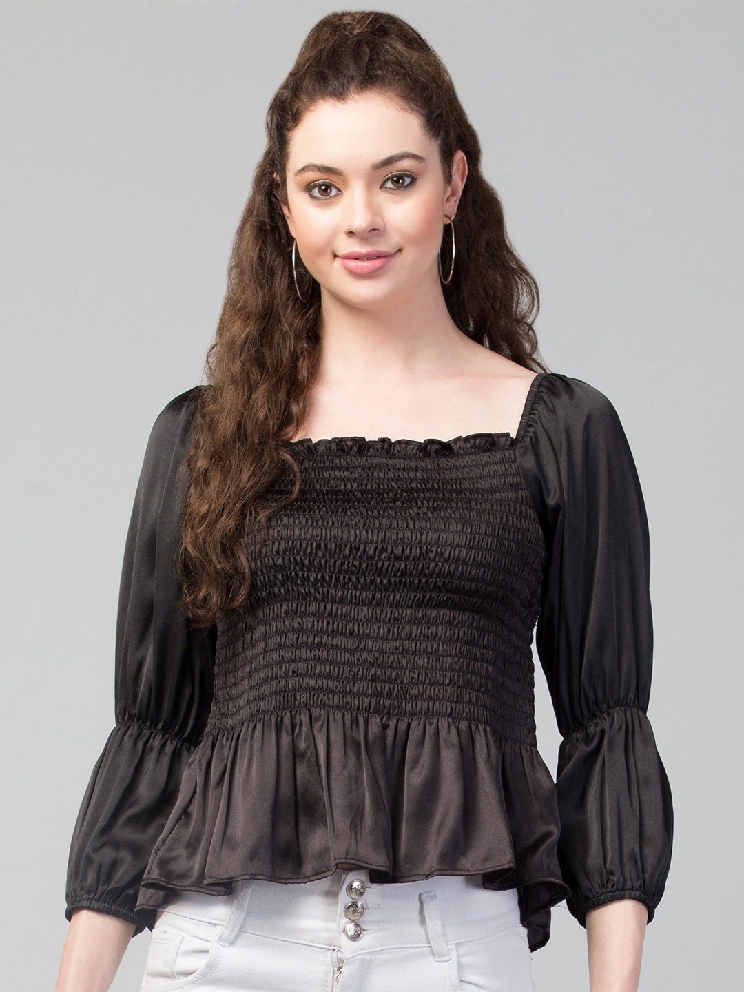 

CULPI Puff Sleeves Smocking Peplum Crop Top, Black