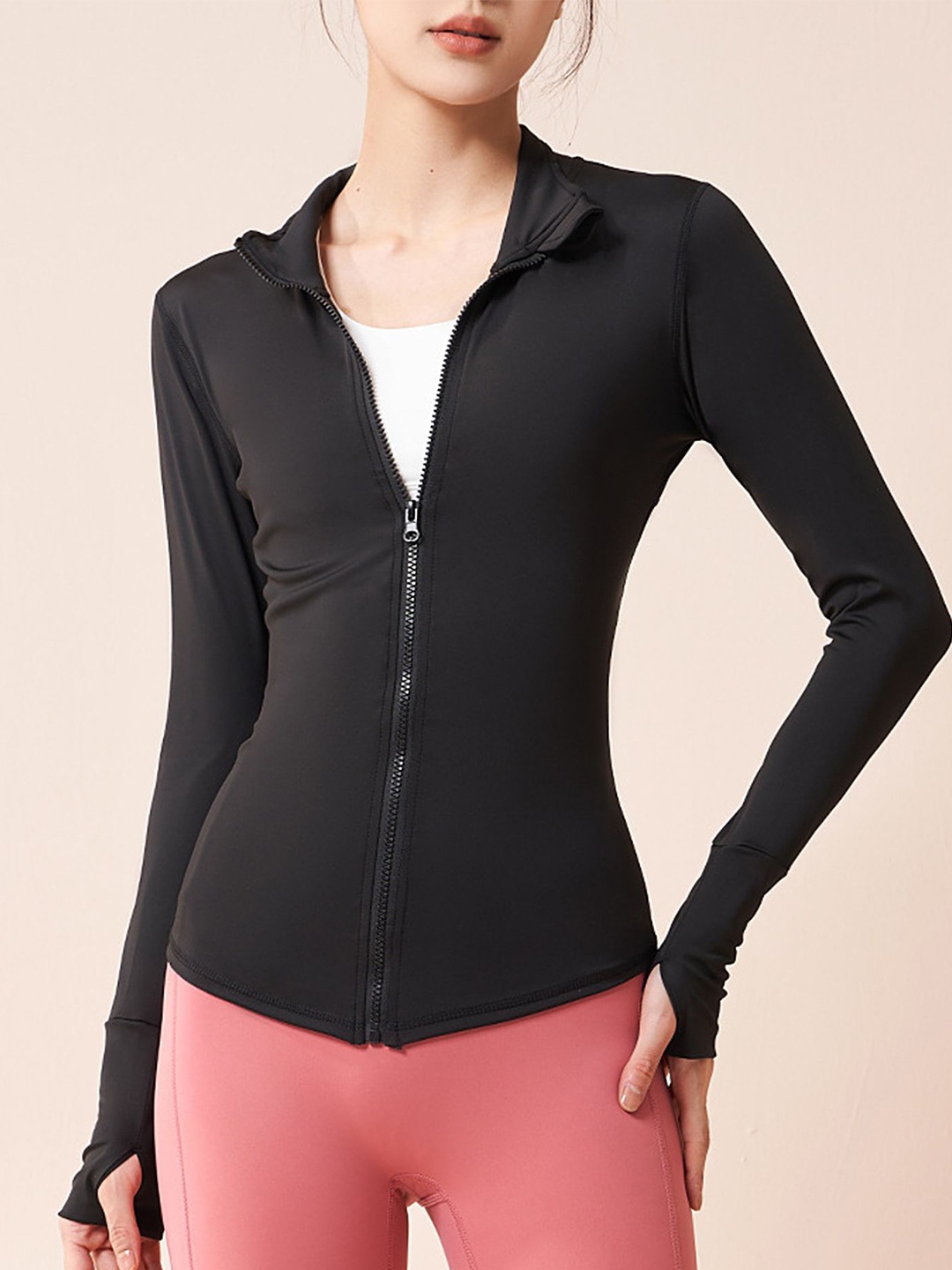 

LULU & SKY Women Zip-up Activewear Thumbhole Sleeve Jacket, Black