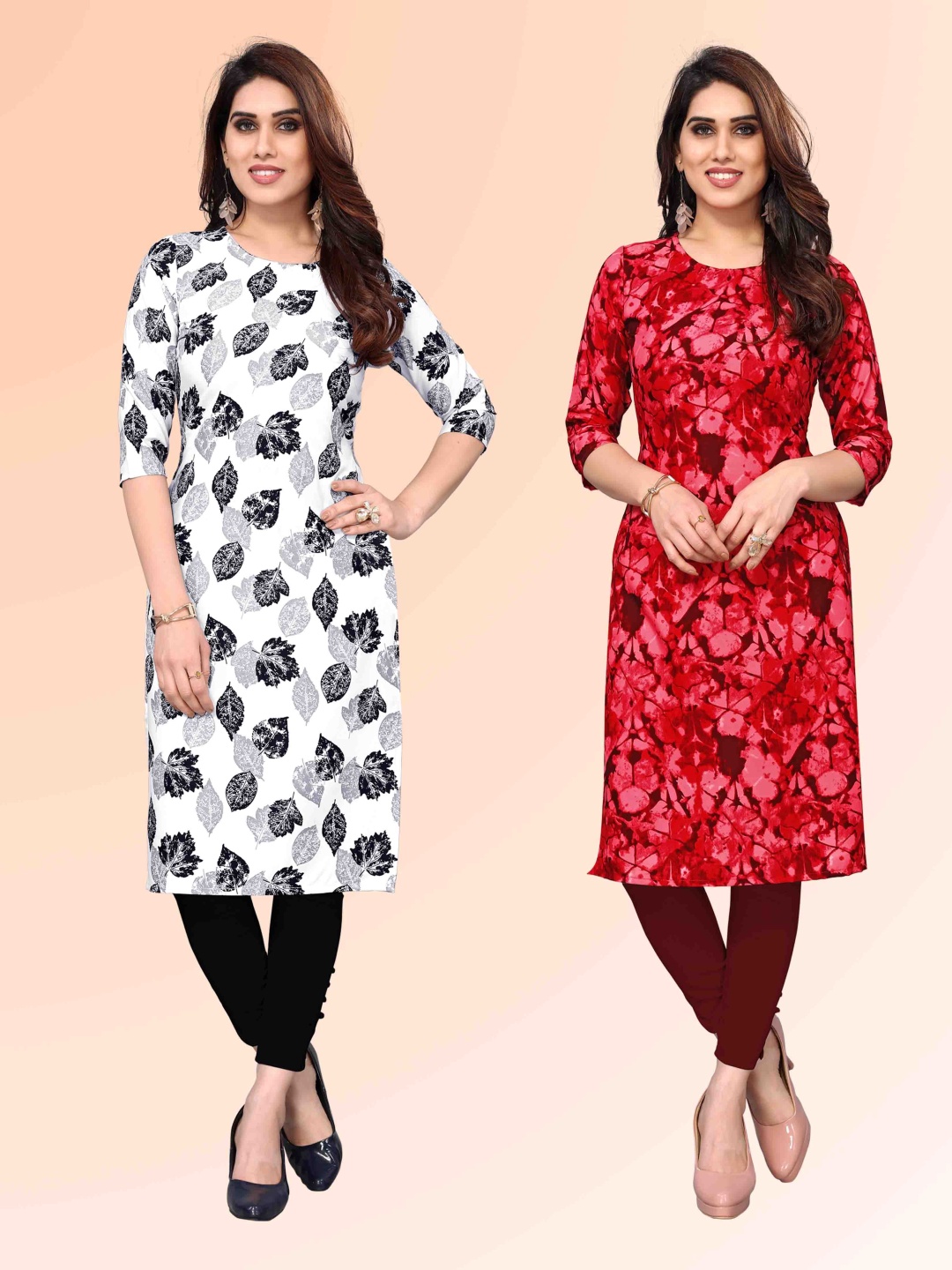 

KETAKI FASHION Selection Of 2 Floral Printed Round Neck Straight Kurtas, White