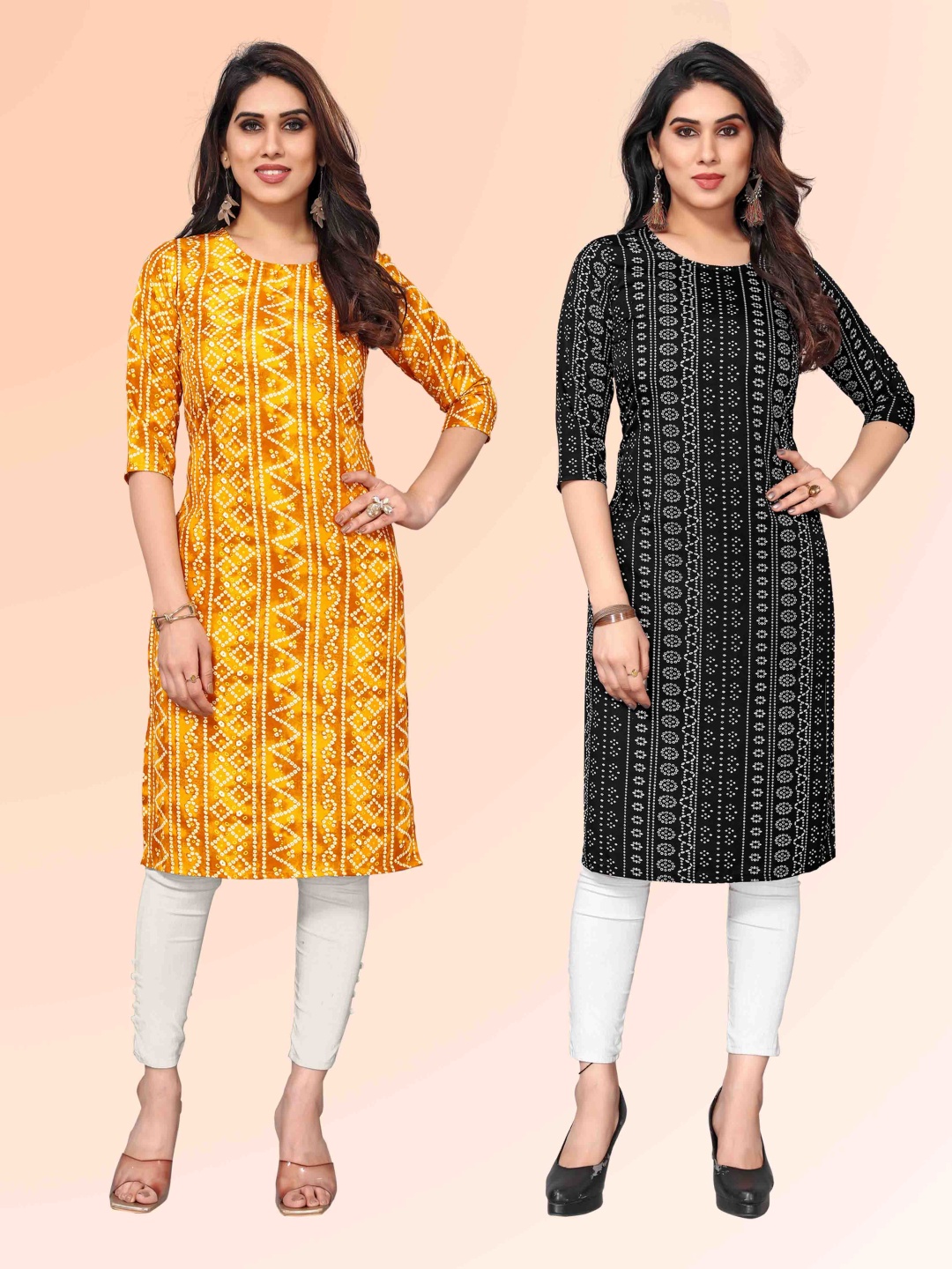 

KETAKI FASHION Selection Of 2 Bandhani Printed Round Neck Straight Kurtas, Yellow