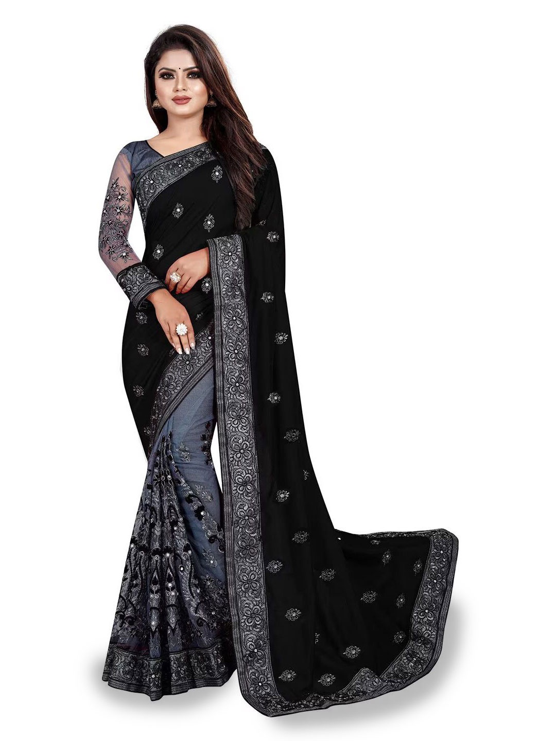 

Aika Embellished Embroidered Mirror Work Saree, Black