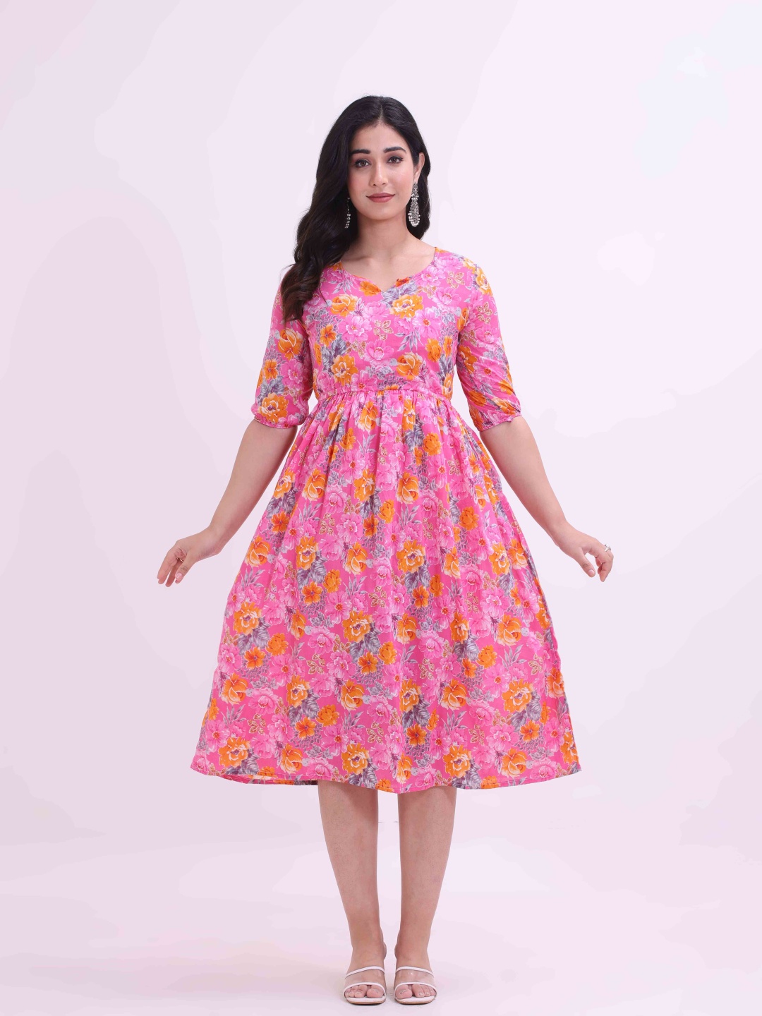 

Smartyhub Floral Printed Puff Sleeves Fit and Flare Midi Ethnic Dress, Pink