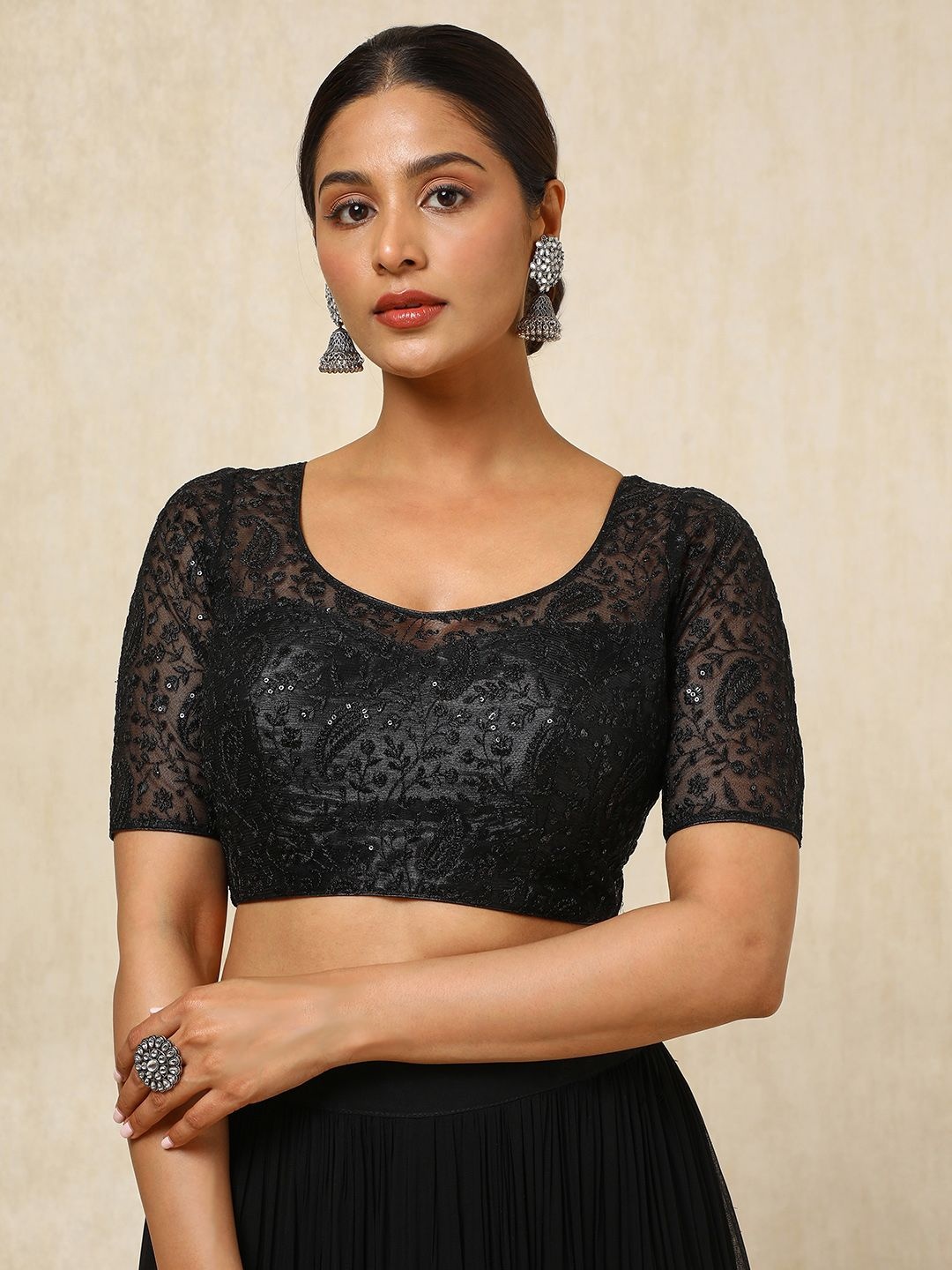 

Soch Embroidered Sequins Net Padded Saree Blouse, Black