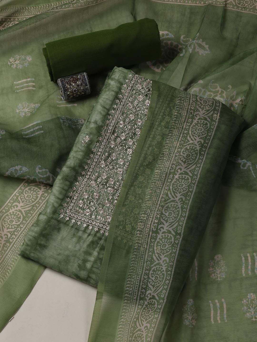 

Meena Bazaar Printed Art Silk Unstitched Dress Material, Green